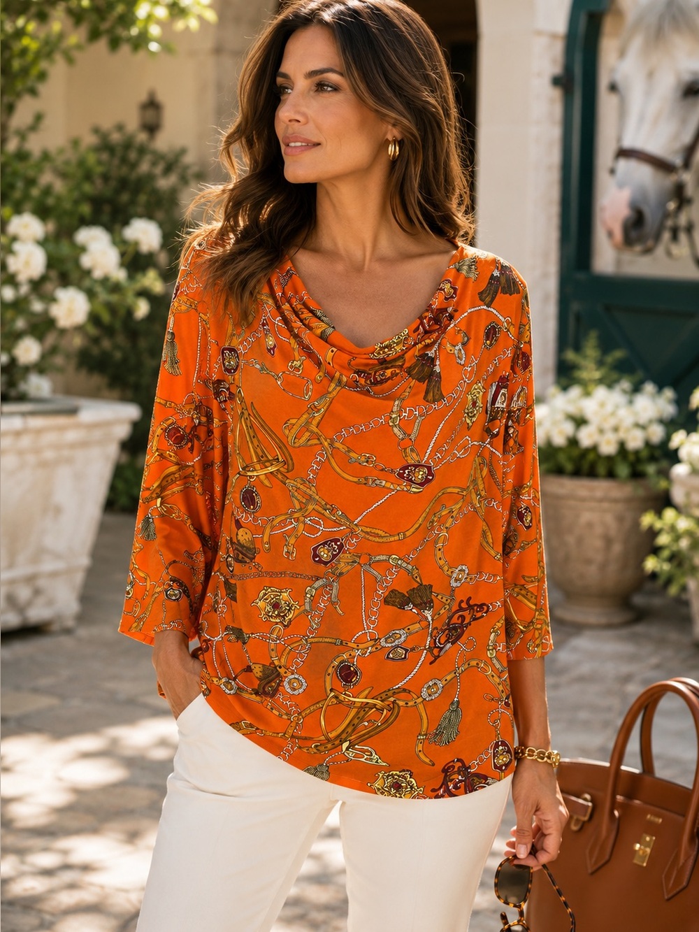 TALBOTS Iconic Orange Equestrian Print Funnel Neck Stretch Blouse, XL